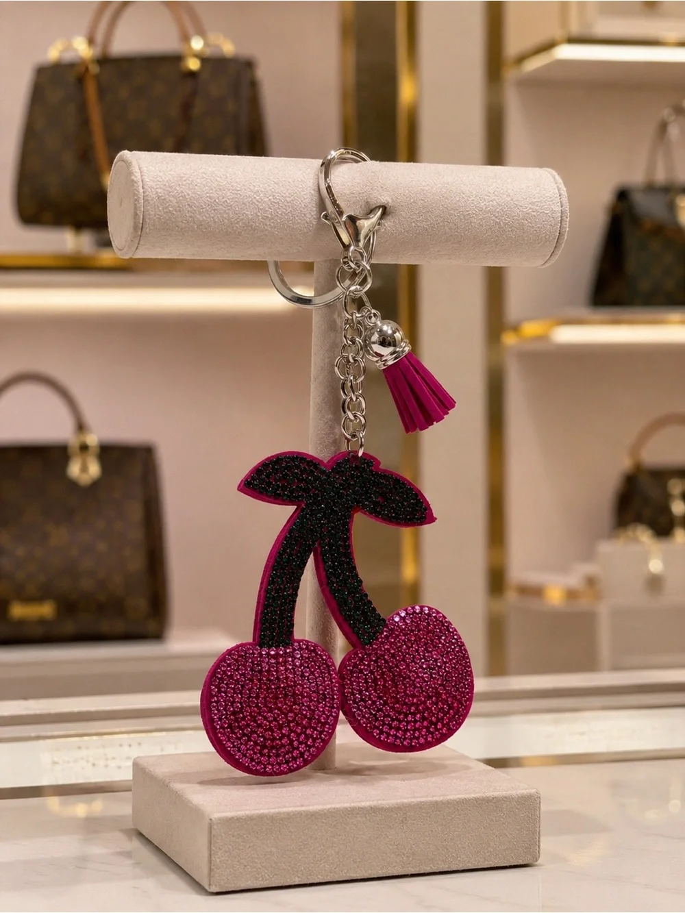 Cherry bag charm or key chain with bling and tassel & silver hardware
